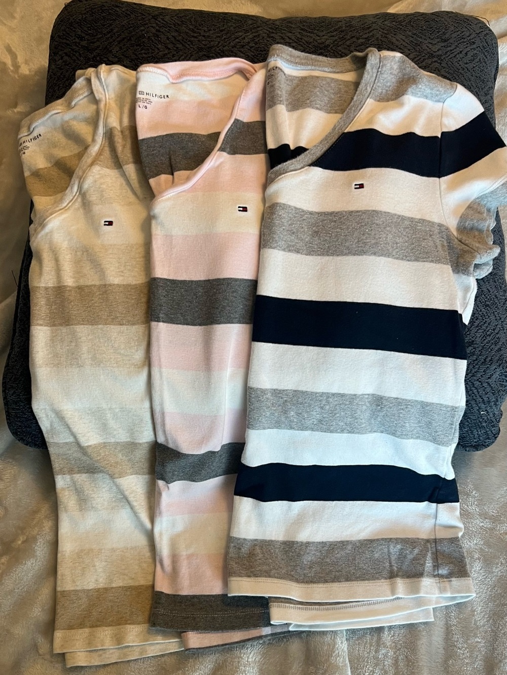 Tommy Hilfiger Ladies Short-Sleeve Striped V-Neck Tees — Gray, White, Navy, Pink